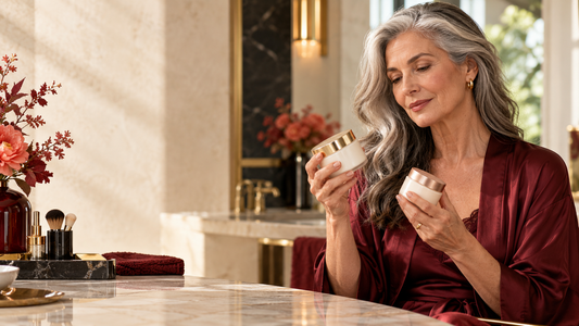 Mature woman comparing two skincare cream formulas at an elegant vanity.